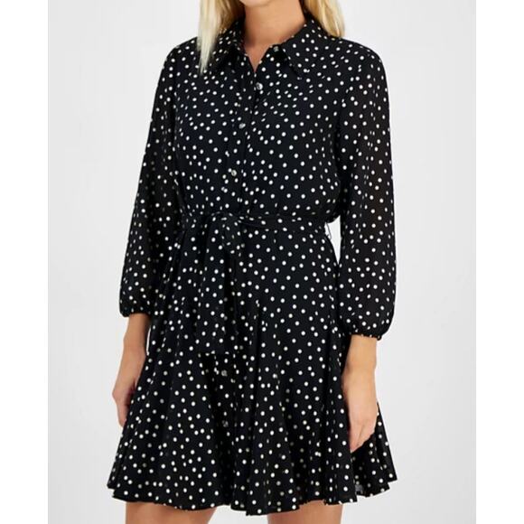 TOMMY HILFIGER WOMENS SIZE LARGE GOLD DOT-PRINT COLLARED SHIRT DRESS BLACK - Picture 1 of 12